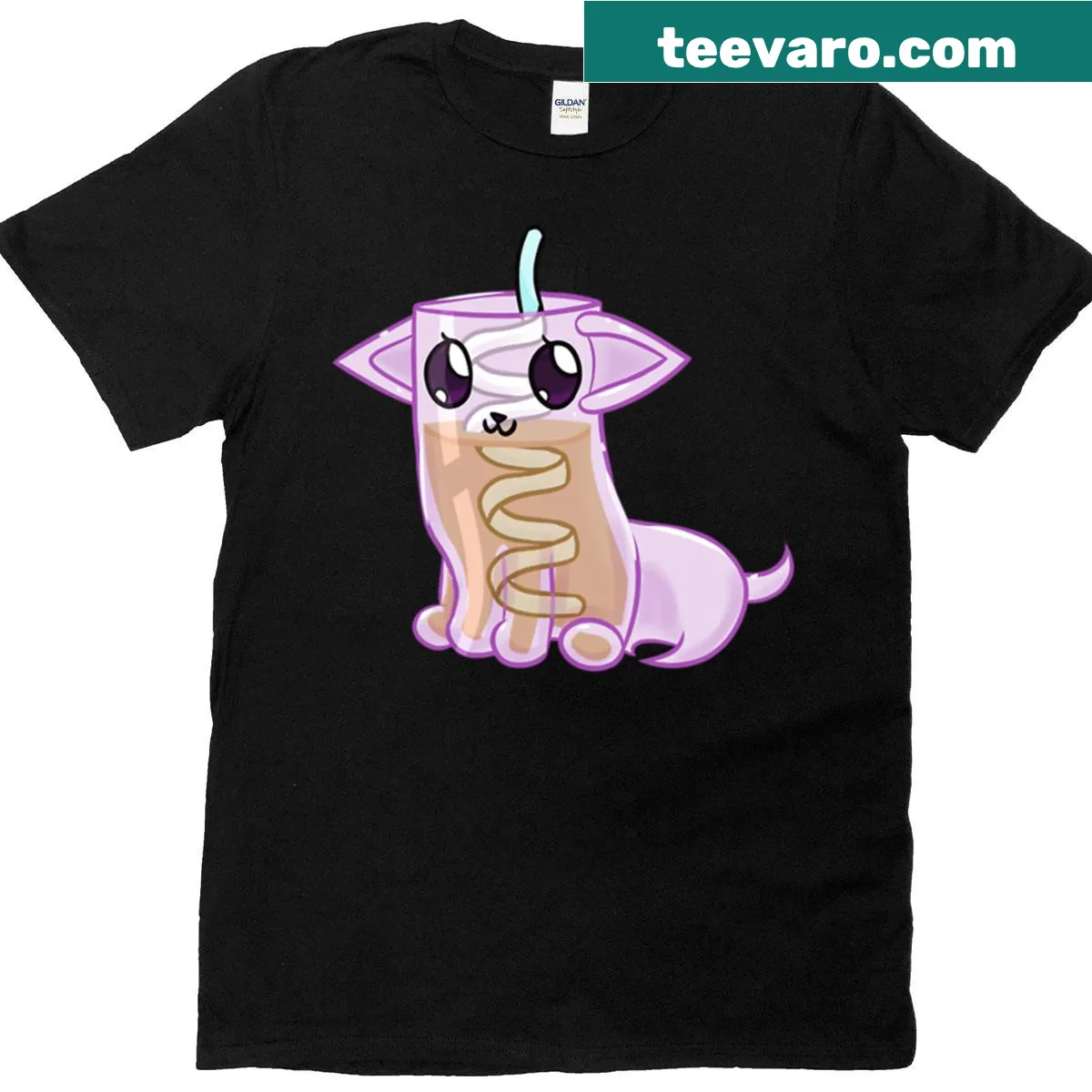 Illustrated cat next to a pink glass of milk on a T-shirt — on a men's t-shirt