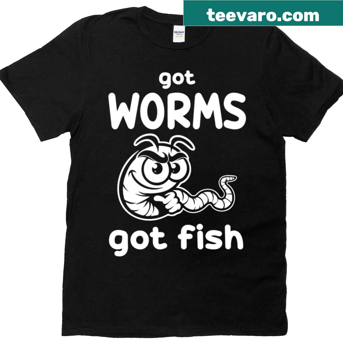 Humorous fishing shirt with 'Got Worms? Got Fish?' text — on a men's t-shirt