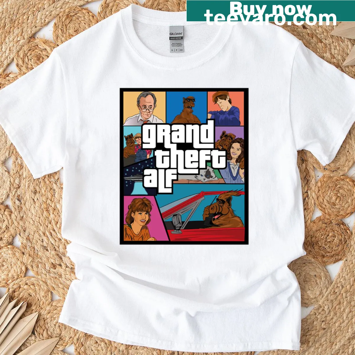 Oversized t-shirt featuring a playful 'Grand Theft Alf' graphic — on a men's t-shirt