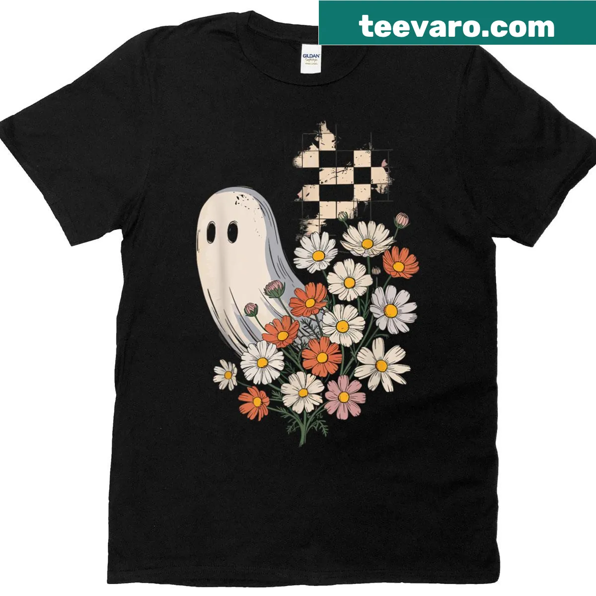 Funny retro Halloween t-shirt with ghost and floral design — on a men's t-shirt