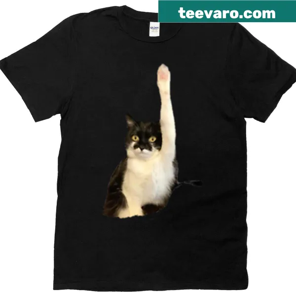 Cute cat graphic on a T-shirt with paws raised in the air