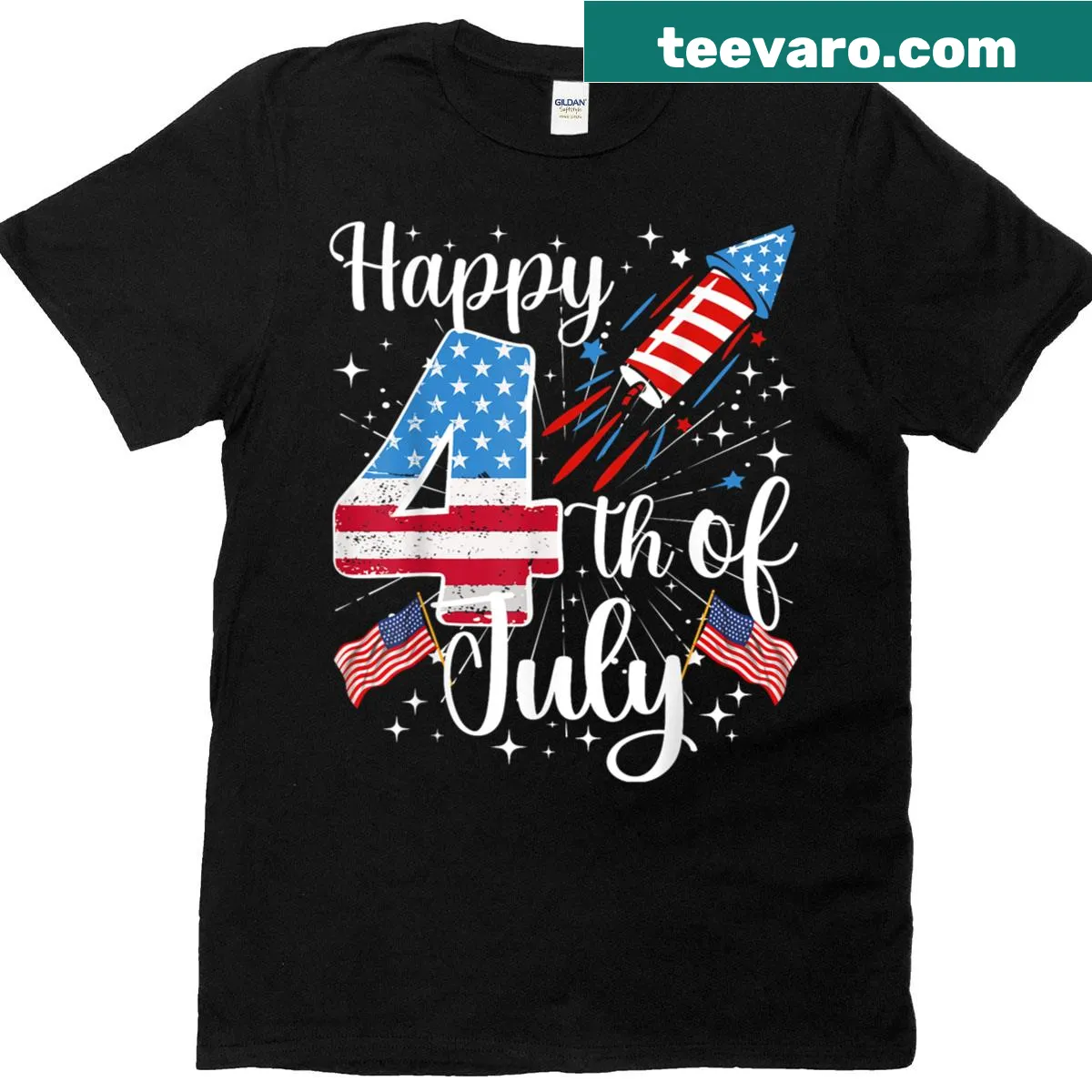 Vintage-style T-shirt with US flag and fireworks for 4th of July — on a men's t-shirt