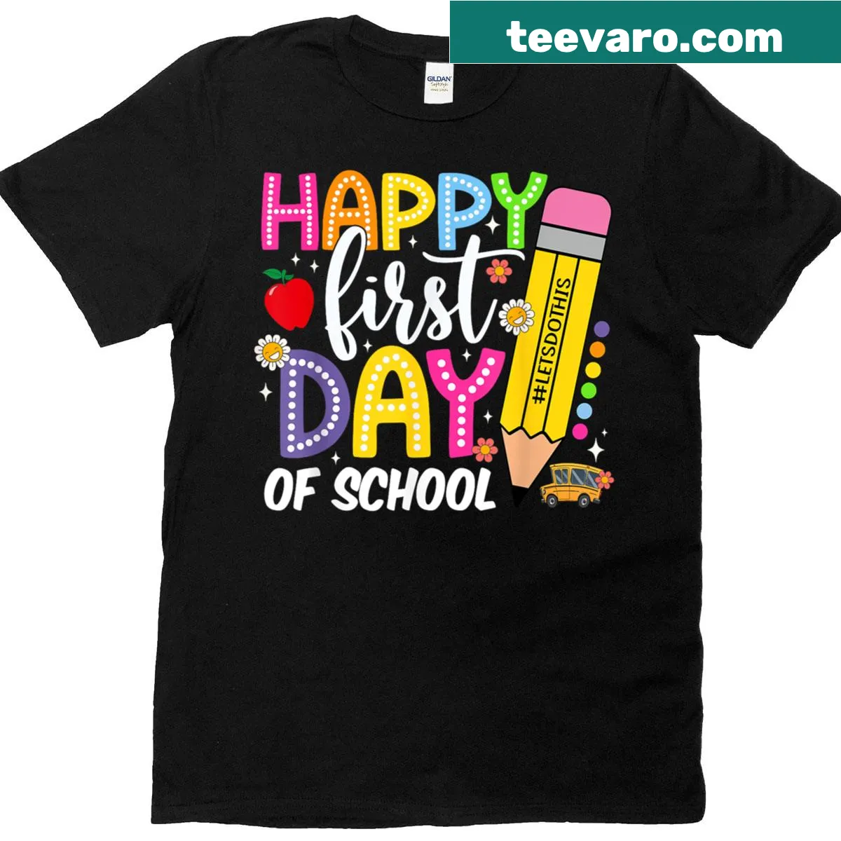 Kids T-shirt with Happy First Day Of School pencil graphic — on a men's t-shirt