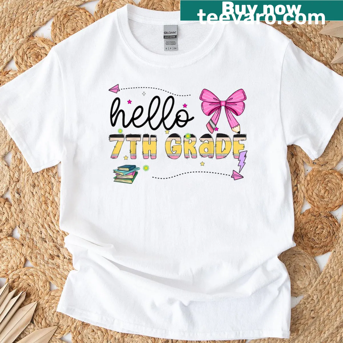 Playful back-to-school t-shirt with 'Hello 7th Grade Girls' text — on a men's t-shirt