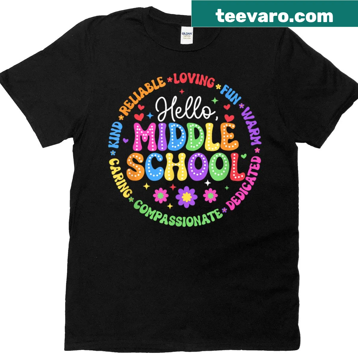 Wholesome teacher tee with a groovy greeting for middle school. — on a men's t-shirt