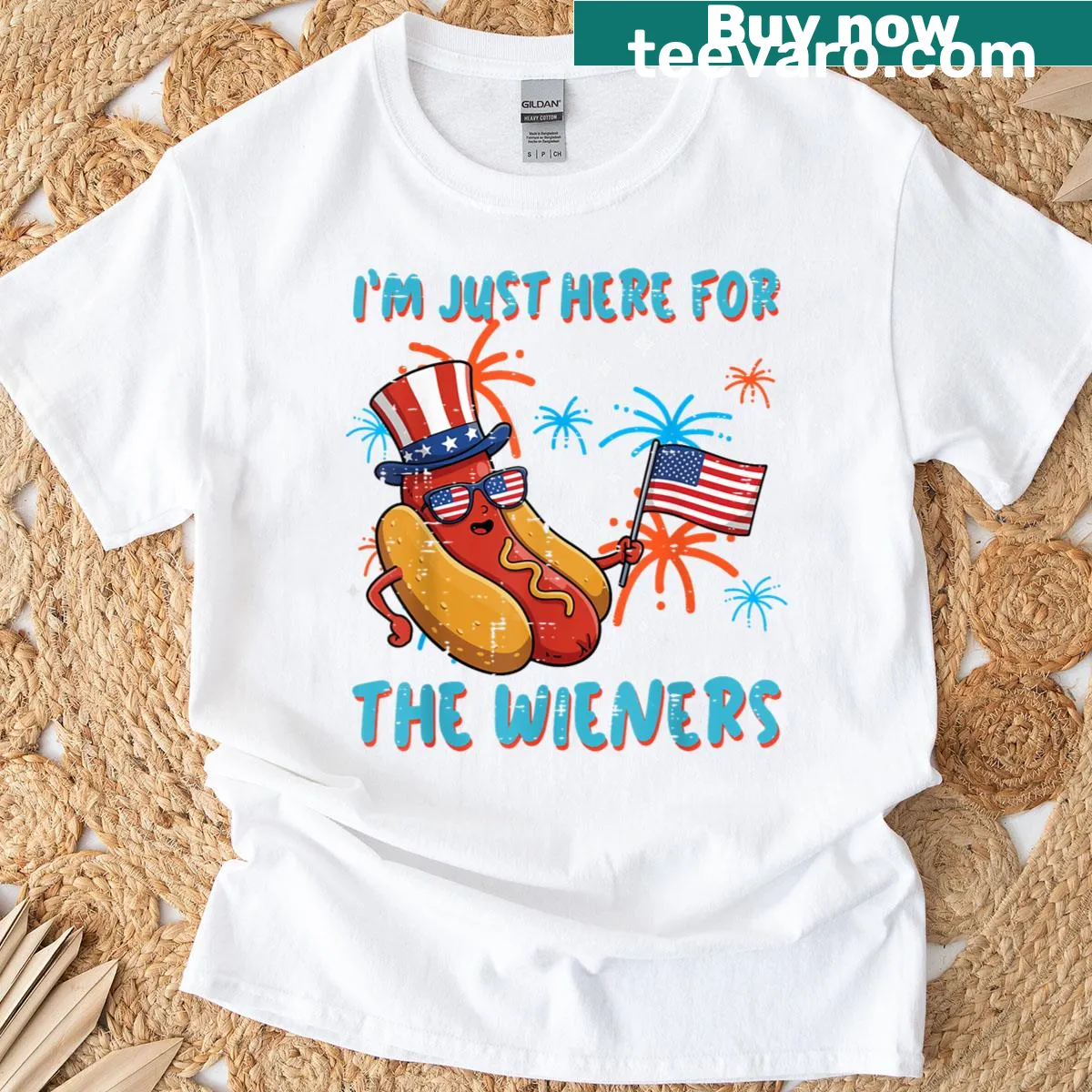 Fourth of July t-shirt with the phrase Here For Wieners — on a men's t-shirt