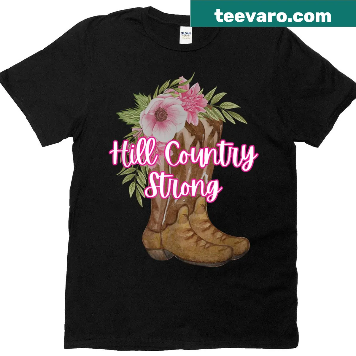 T-shirt with illustration of boots and flowers celebrating Texas Hill Country — on a men's t-shirt