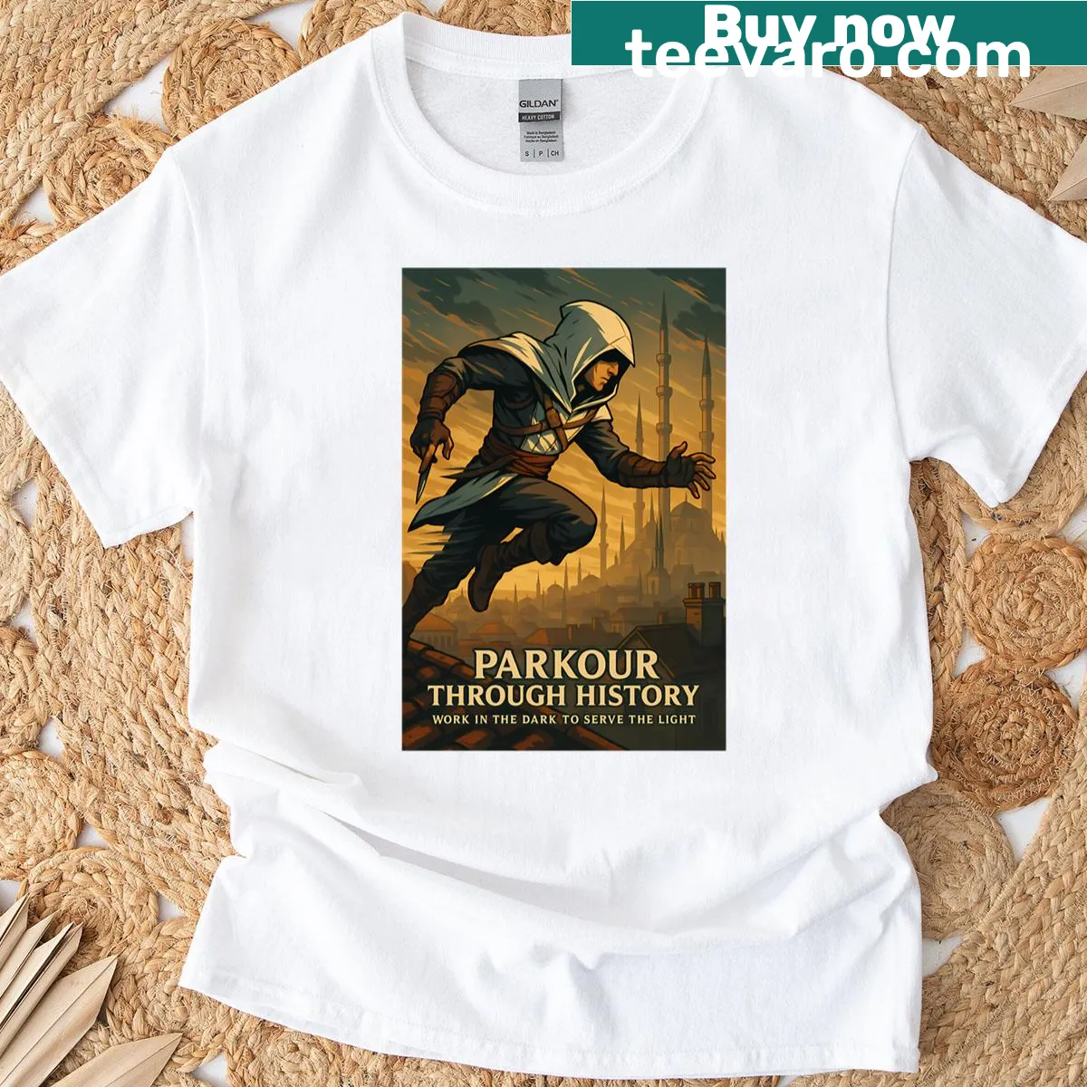 Dynamic assassin in motion graphic on a historic rooftop T-shirt — on a men's t-shirt