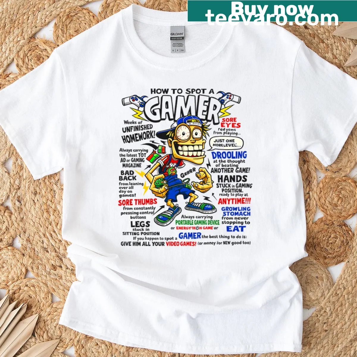 Cartoon design showing how to spot a gamer on a t-shirt — on a men's t-shirt