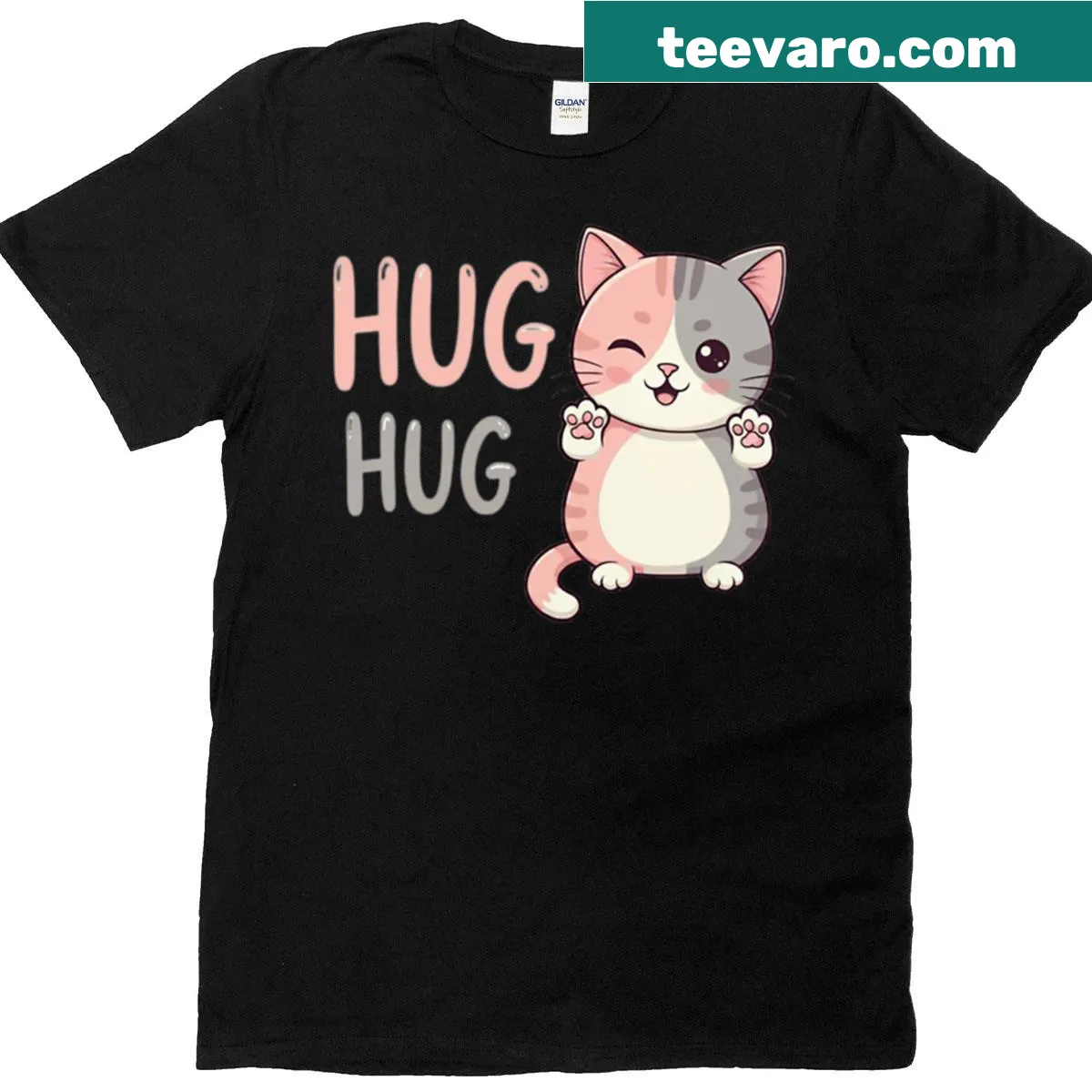 Cute kawaii cat T-shirt with a design featuring a kitty asking for a hug. — on a men's t-shirt