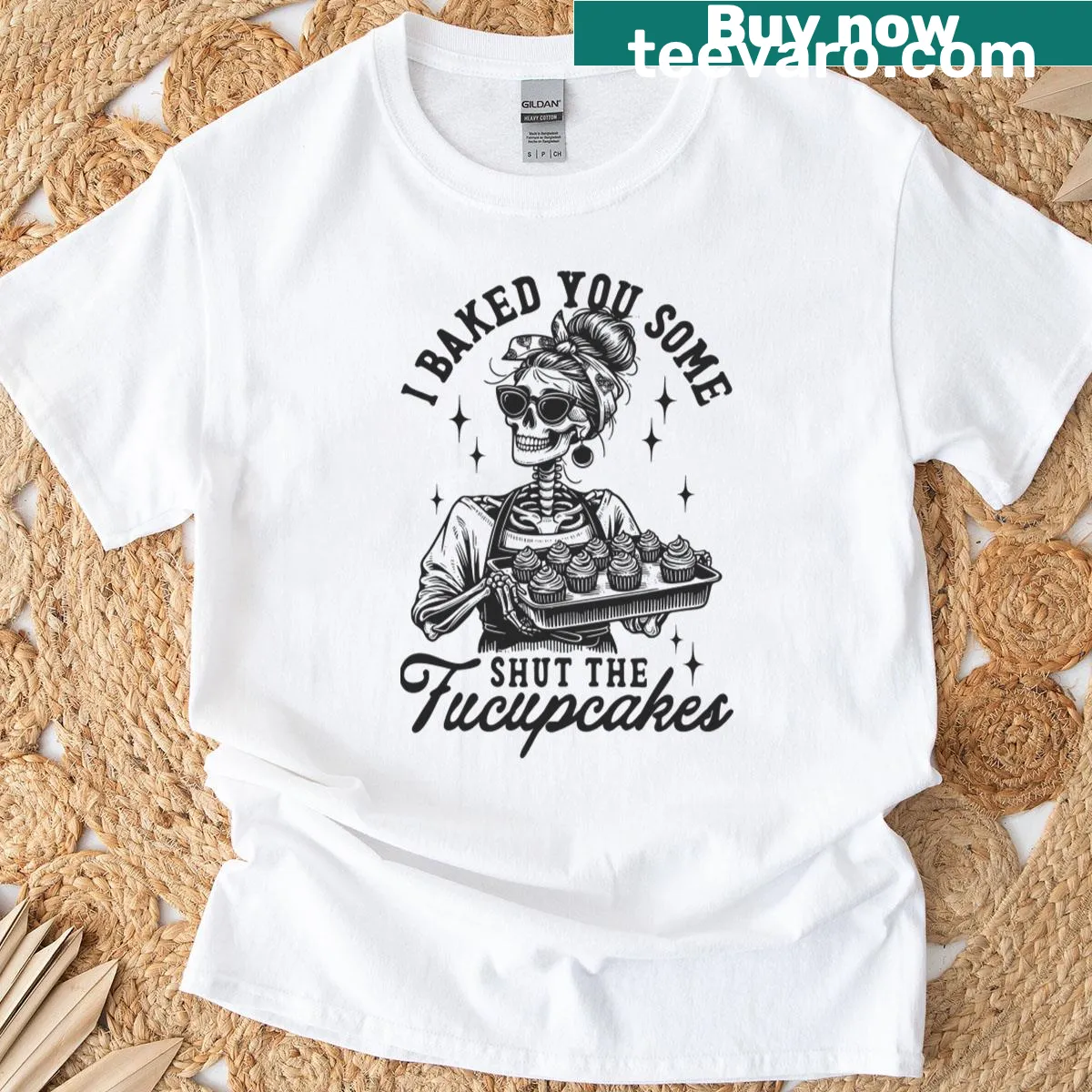 Retro skeleton T-shirt with sarcastic baking text and cupcakes — on a men's t-shirt