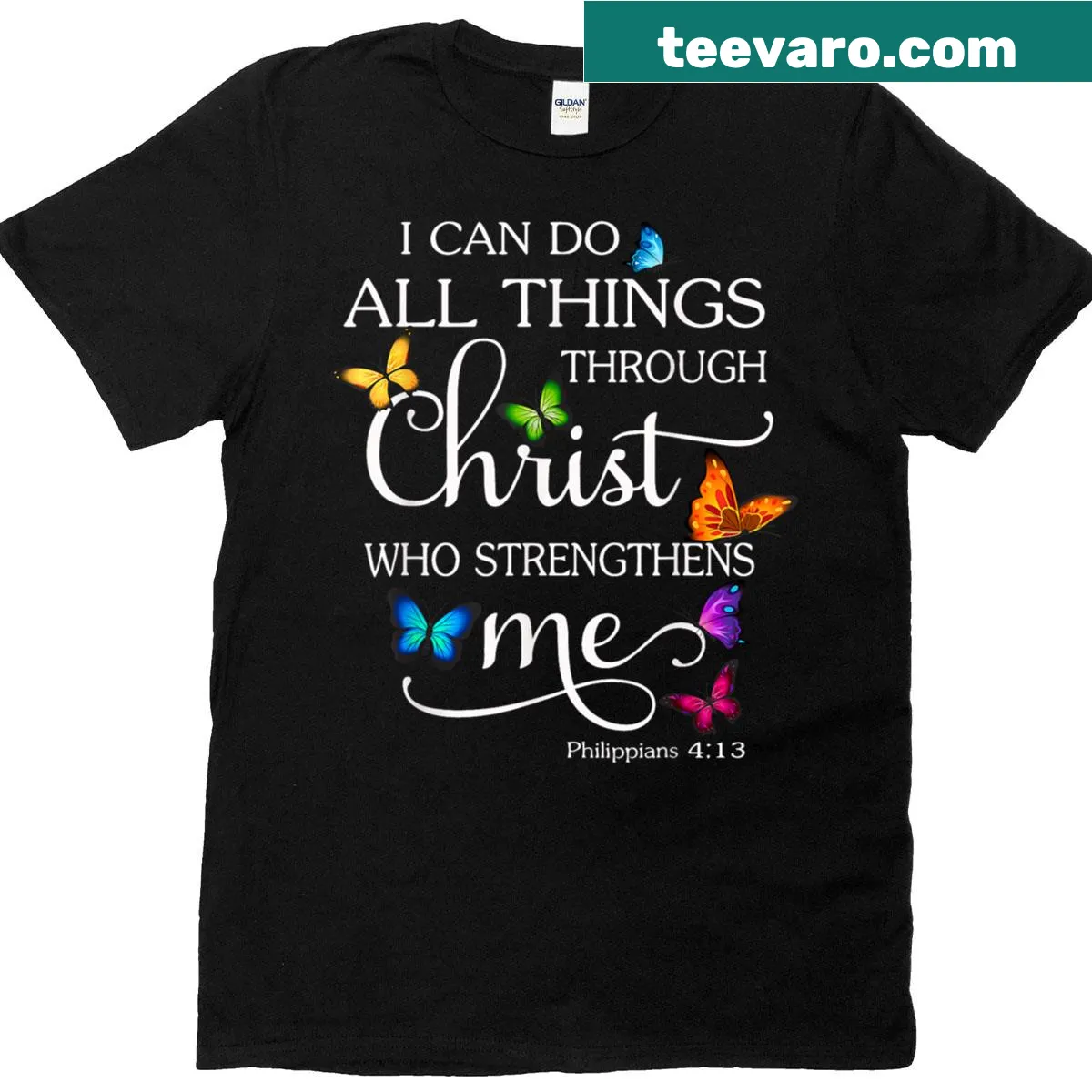Religious t-shirt with butterfly art and inspirational text — on a men's t-shirt