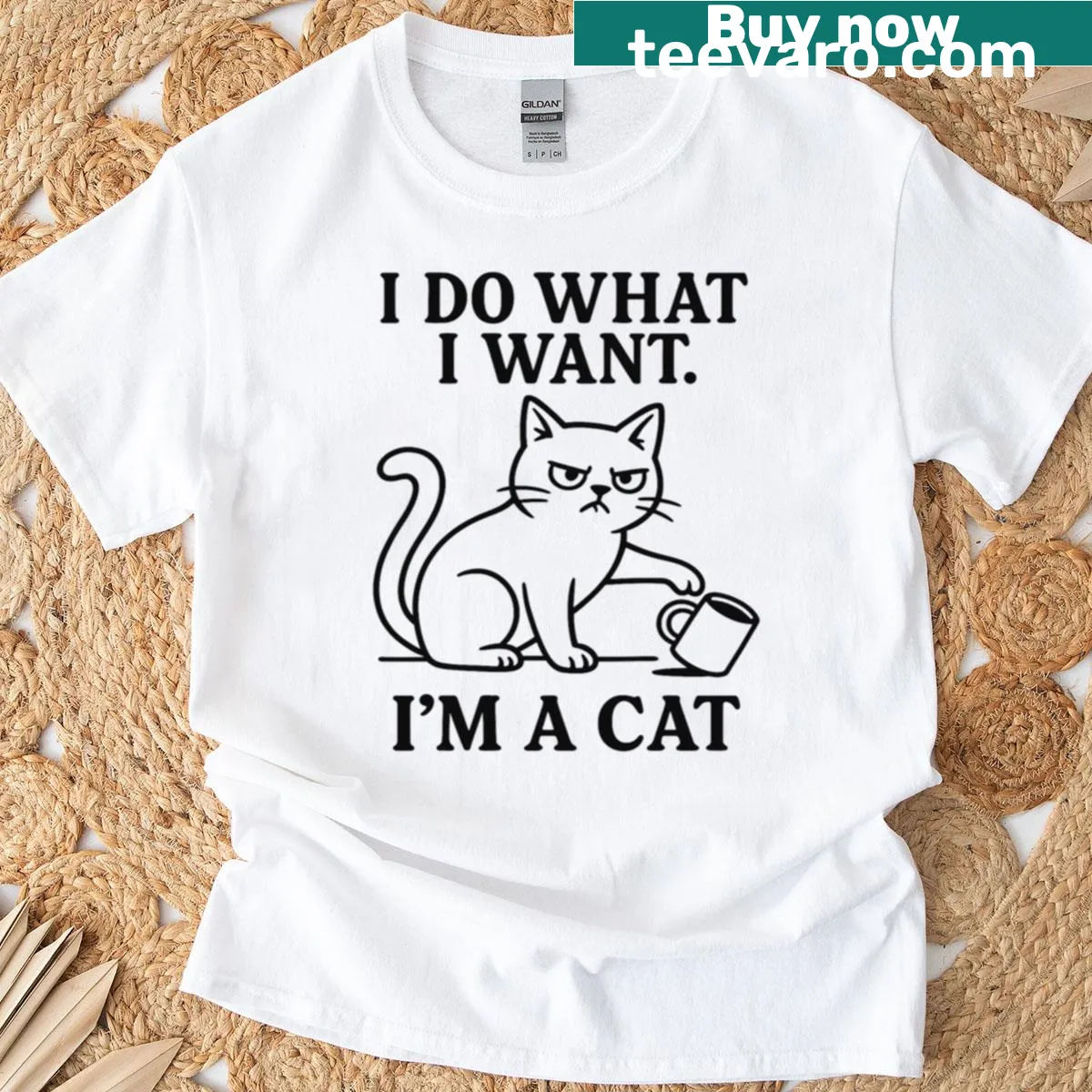 Sarcastic T-shirt featuring a cat with a mug and humorous text — on a men's t-shirt