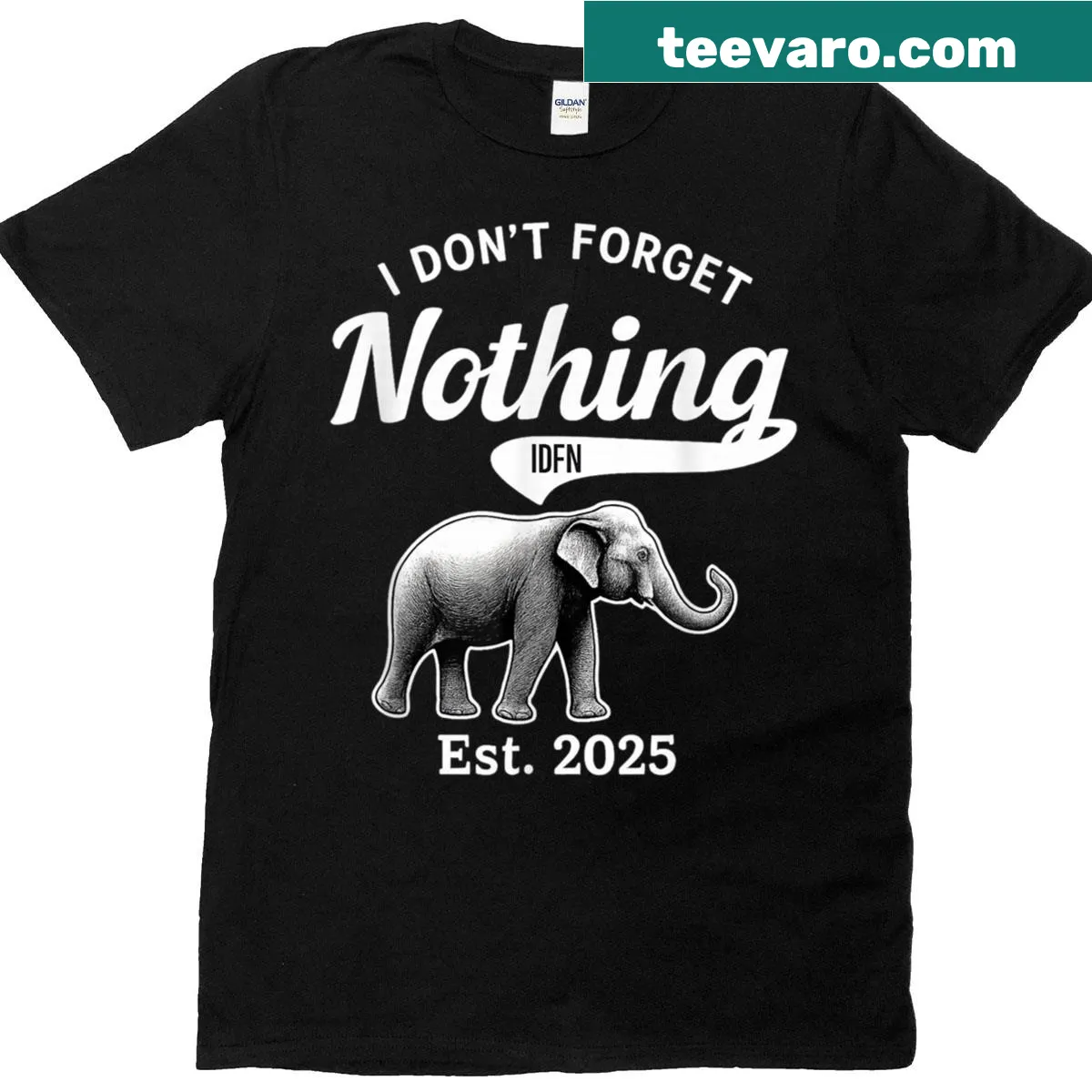 Elephant graphic with text 'I Don't Forget Nothing' on shirt — on a men's t-shirt