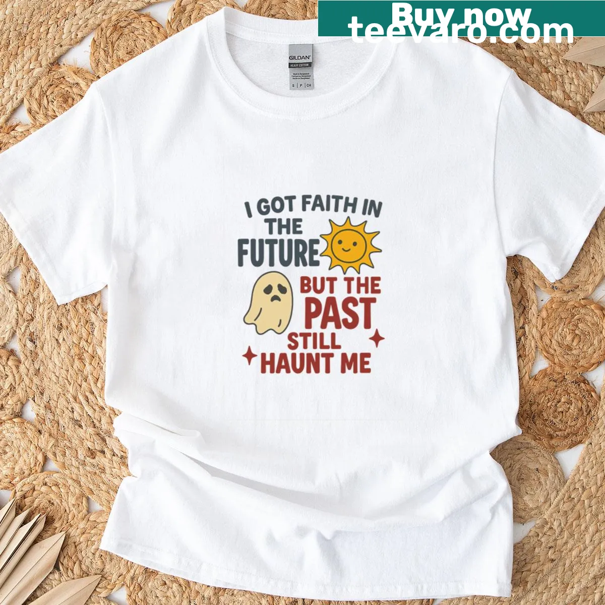 T-shirt with a thoughtful message about faith in the future and past struggles. — on a men's t-shirt