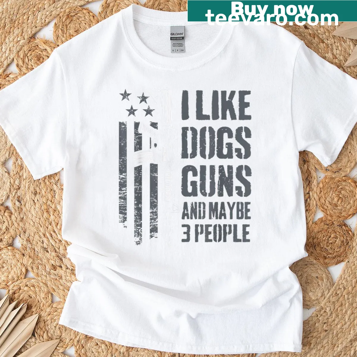 Funny t-shirt with the phrase 'I Like Guns, Dogs, and Maybe 3 People' — on a men's t-shirt
