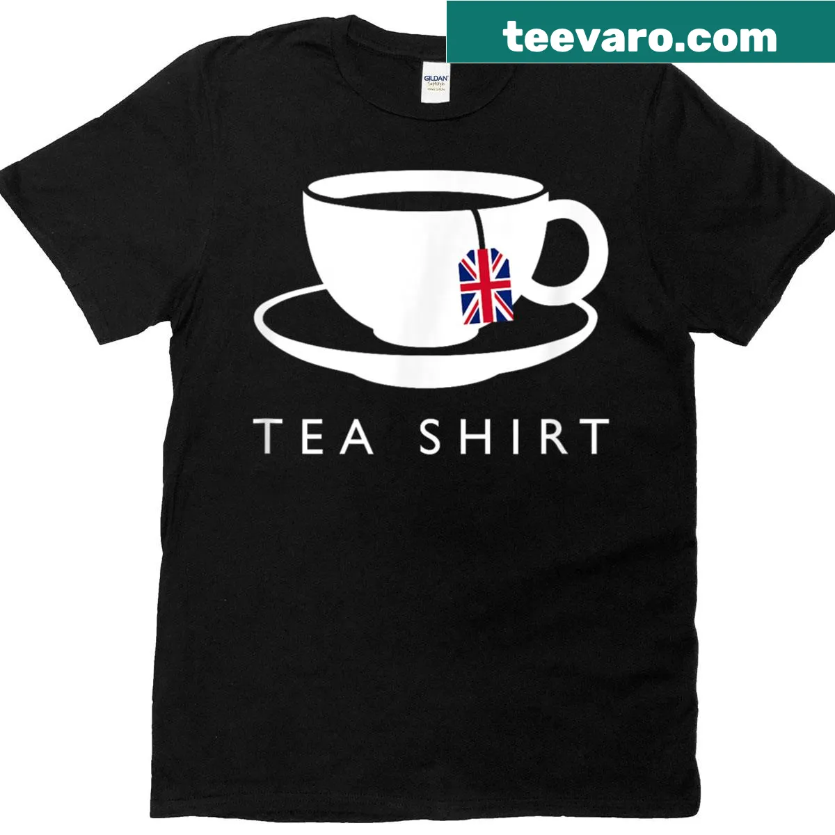 T-shirt featuring UK flag and tea-themed illustration — on a men's t-shirt