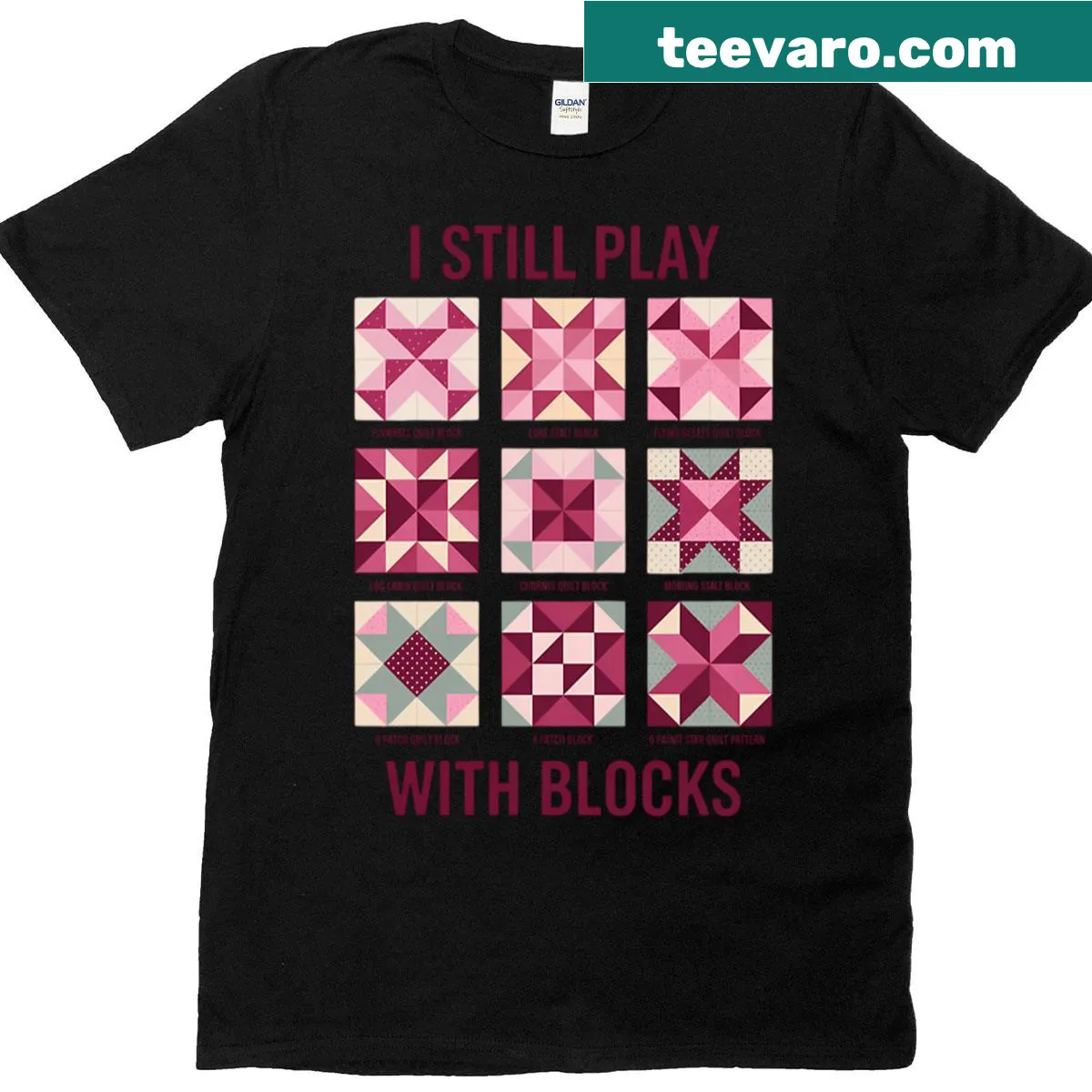 Funny T-shirt with blocks, celebrating quilting and creativity — on a men's t-shirt