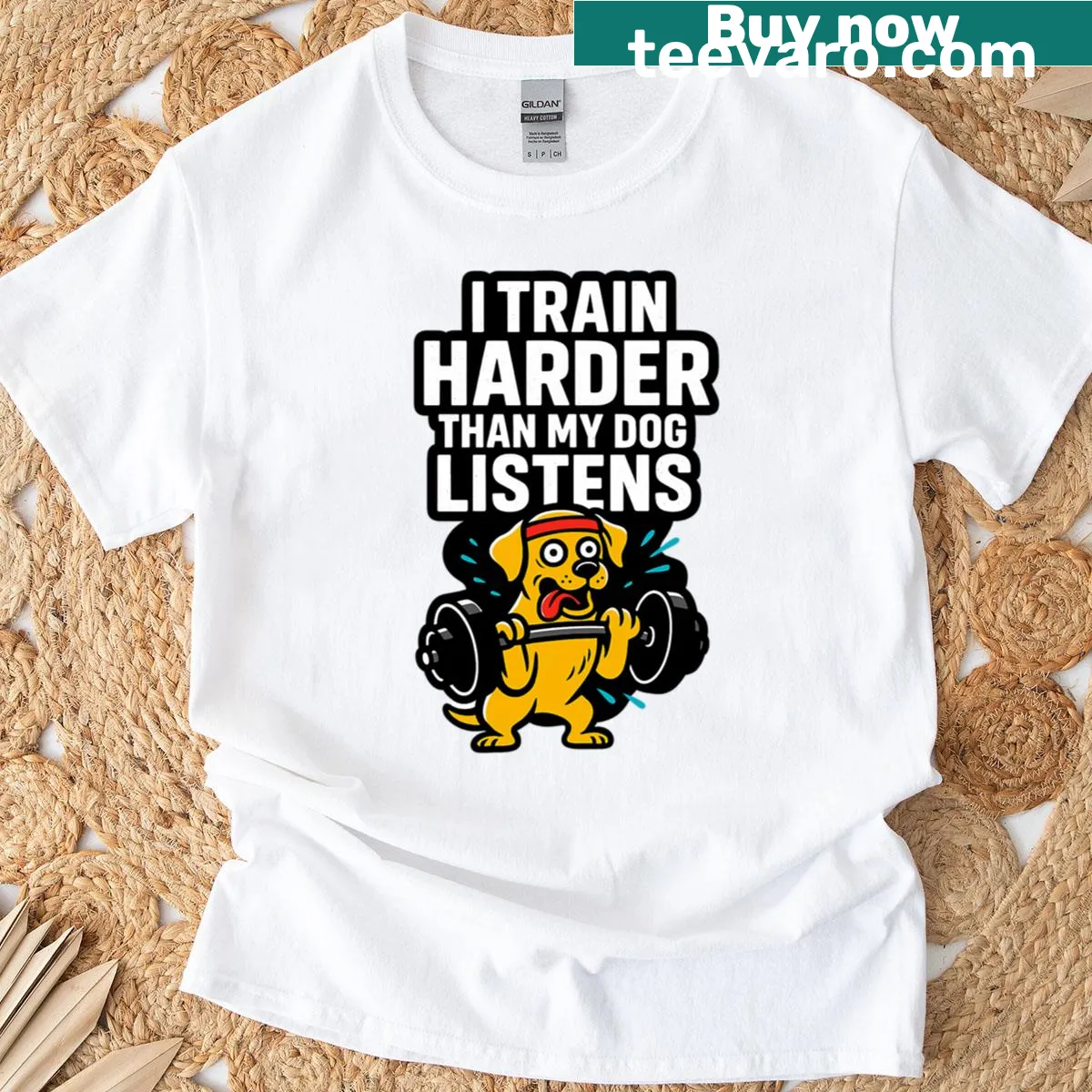 Funny gym T-shirt with dog training theme. — on a men's t-shirt