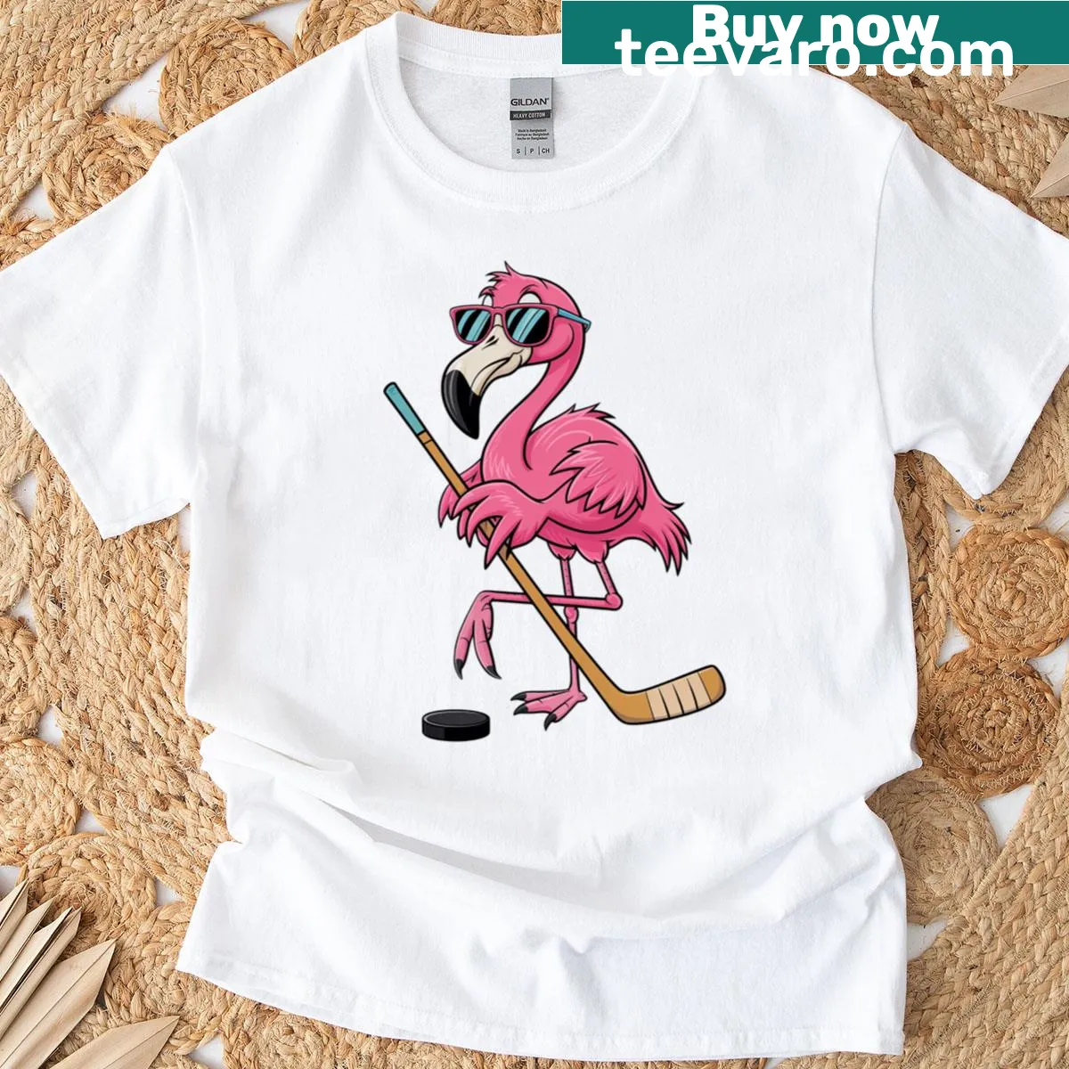T-shirt featuring a flamingo dressed for ice hockey — on a men's t-shirt