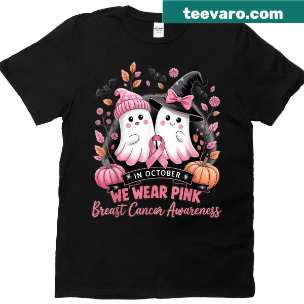 Whimsical t-shirt with a pink ghost witch for breast cancer awareness