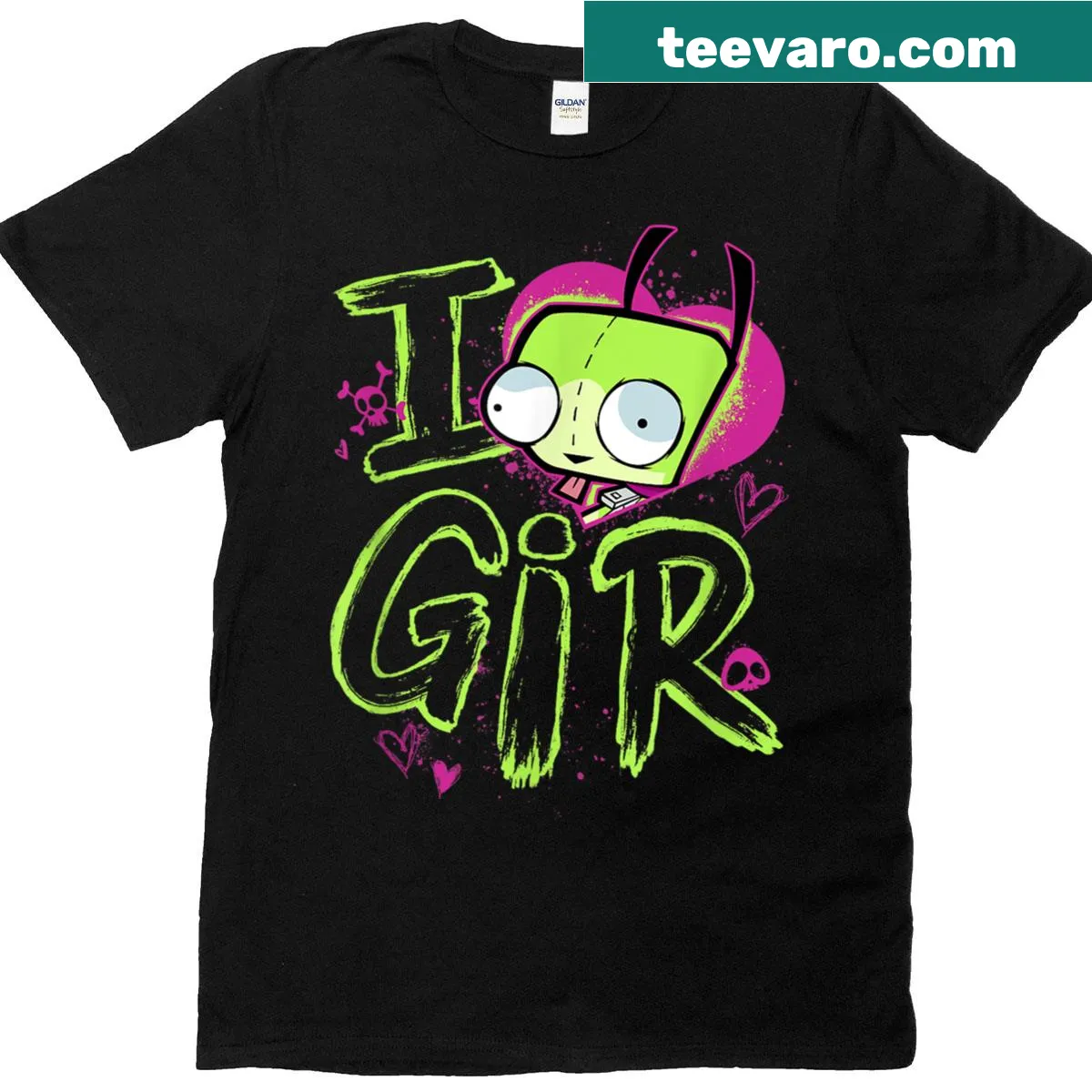 Invader Zim themed t-shirt with Gir illustration and text — on a men's t-shirt