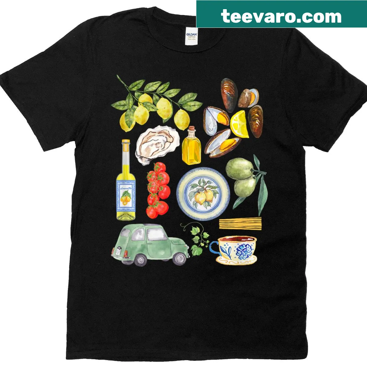 Shirt featuring Italian summer and seafood graphic — on a men's t-shirt