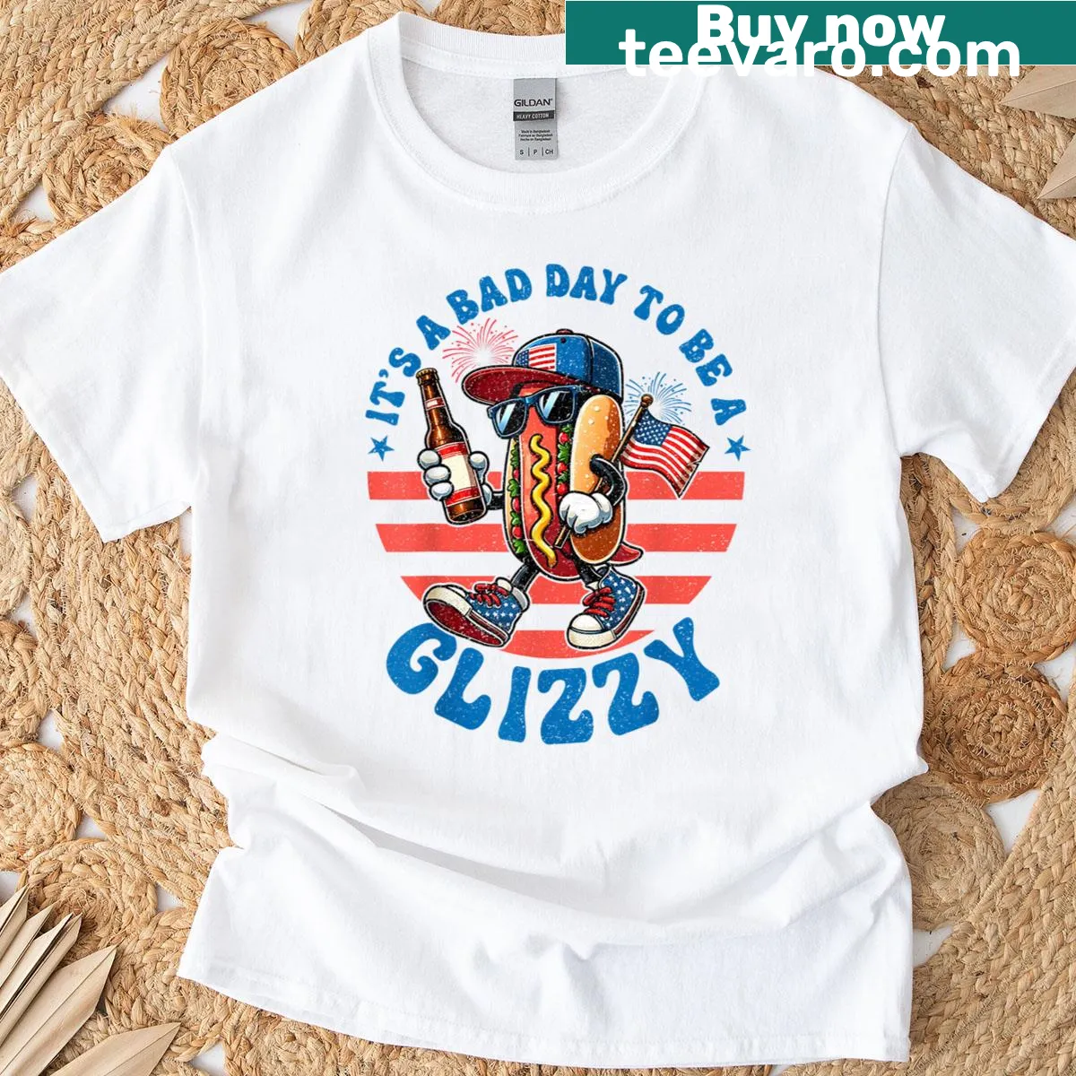 Funny Fourth of July t-shirt featuring a hot dog and humorous text — on a men's t-shirt
