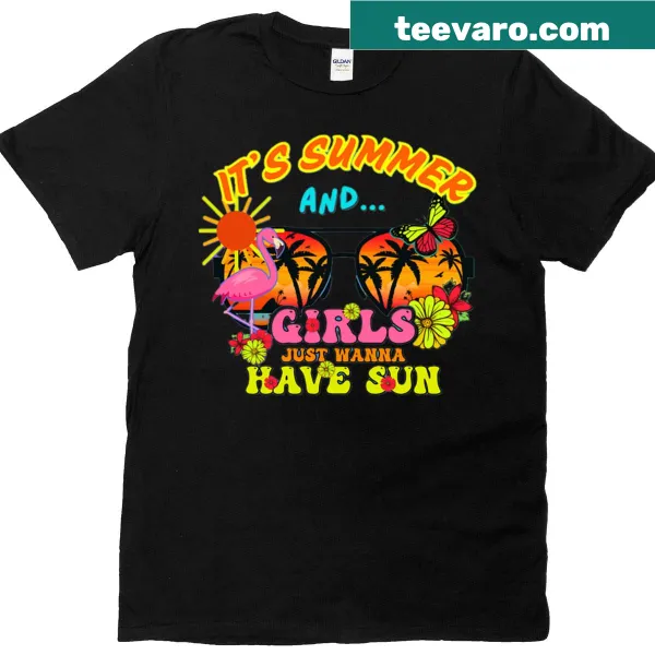 Retro beach design t-shirt with 'It's Summer And Girls Just Wanna Have Sun' text