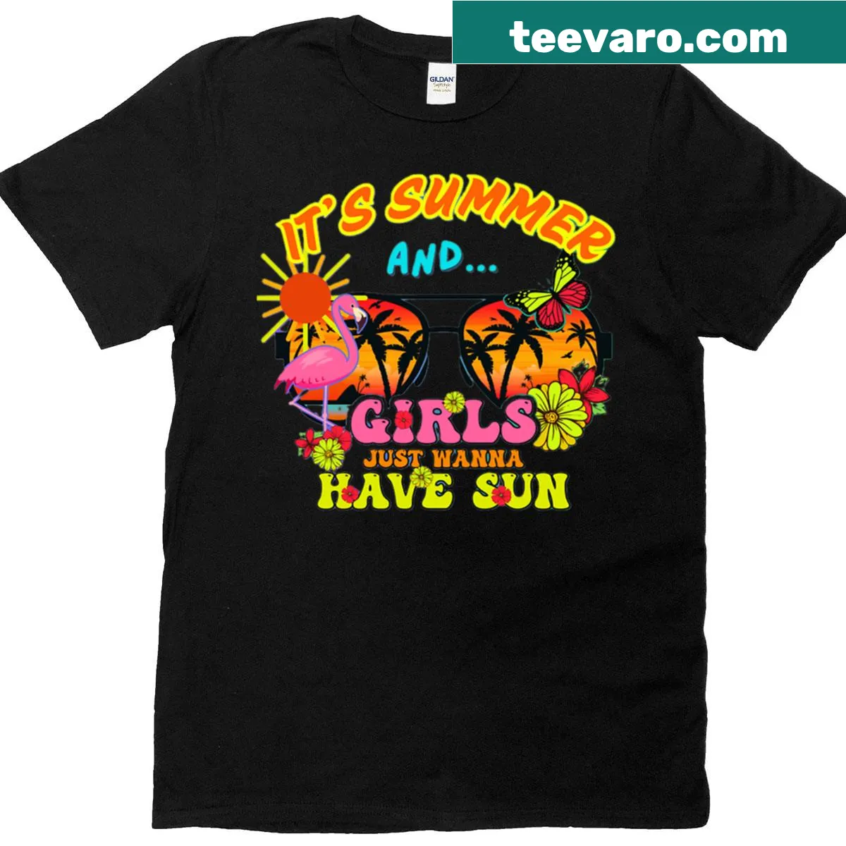 Retro beach design t-shirt with 'It's Summer And Girls Just Wanna Have Sun' text — on a men's t-shirt