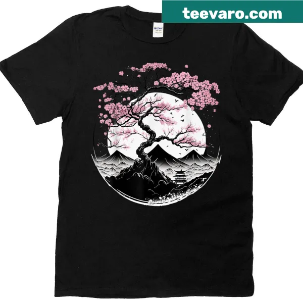 T-shirt with a Japanese garden, geisha, and cherry blossoms design.