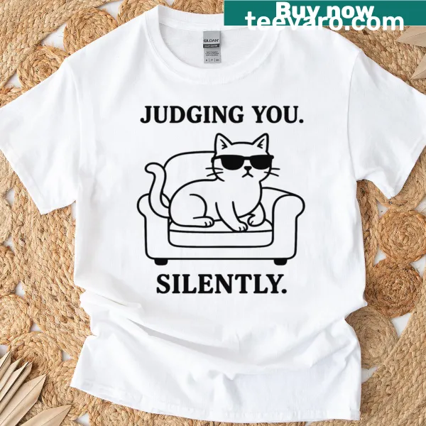 Funny cat t-shirt with a cartoon cat wearing sunglasses.