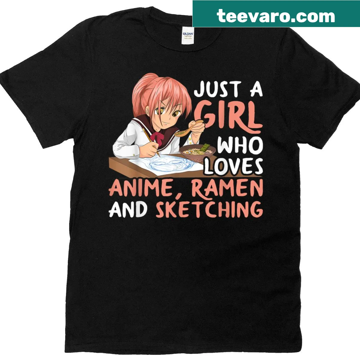 Whimsical anime and ramen design showcasing a girl sketching. — on a men's t-shirt
