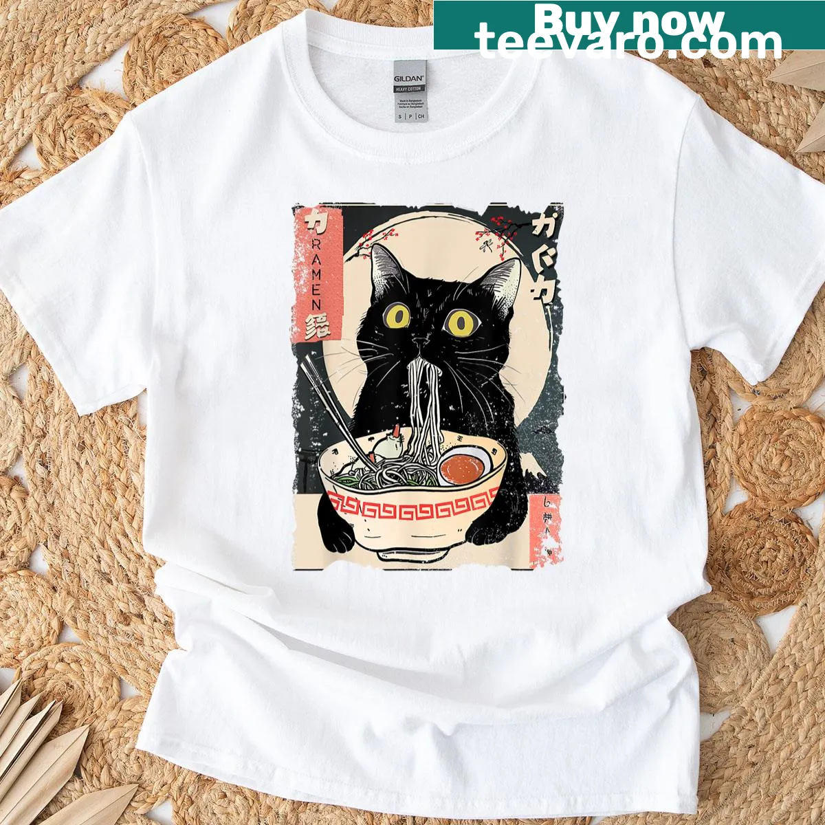 Cute cartoon cat eating ramen noodles t-shirt — on a men's t-shirt