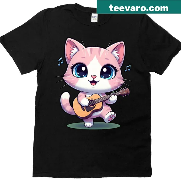 Cute cat playing guitar on a Kawaii t-shirt