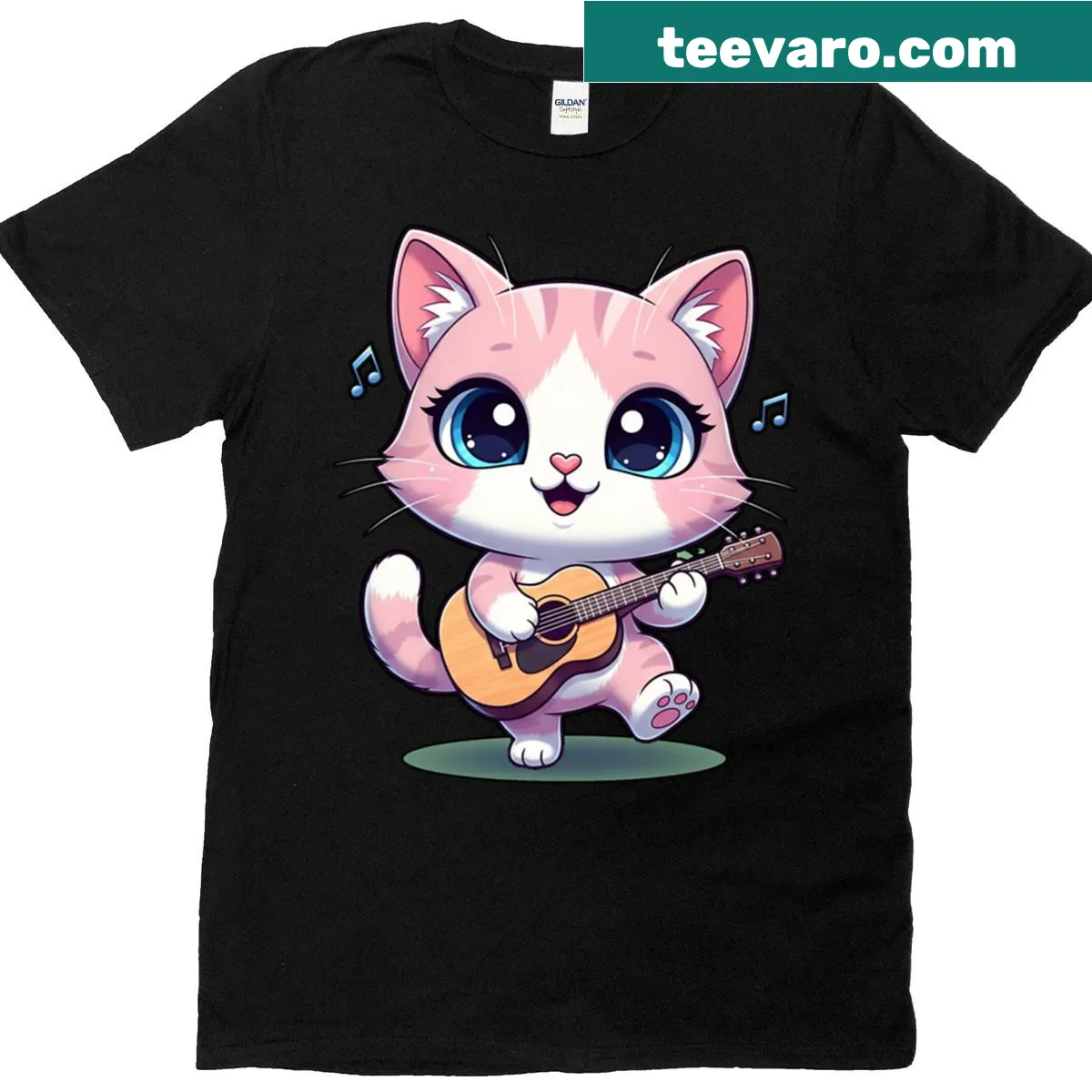 Cute cat playing guitar on a Kawaii t-shirt — on a men's t-shirt