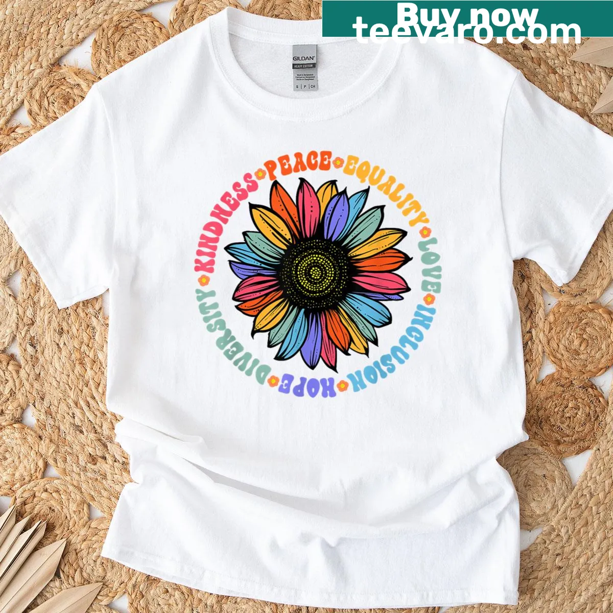 Illustrated floral pattern with words of kindness, peace, and equality — on a men's t-shirt