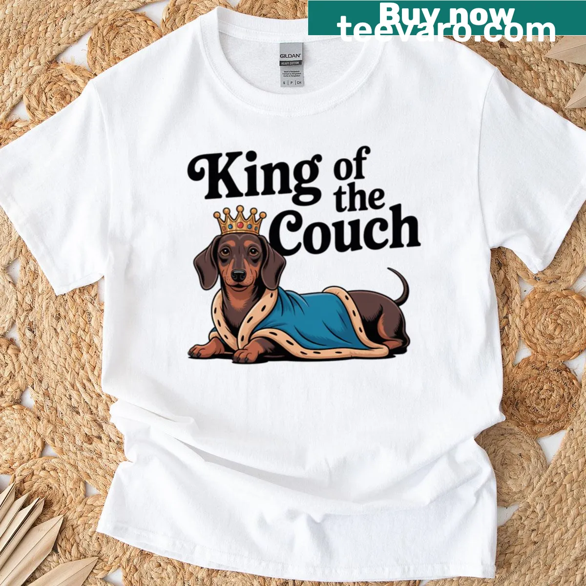 Funny dachshund t-shirt with 'King Of The Couch' text — on a men's t-shirt