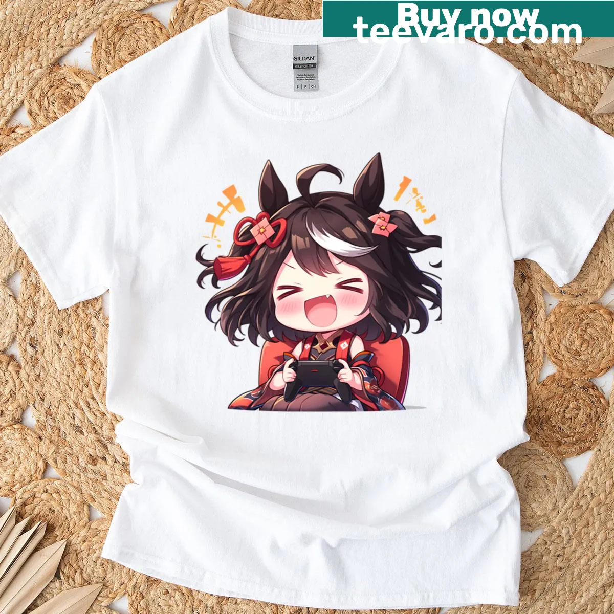 Chibi Kitasan with gaming controller in cute graphic style — on a men's t-shirt