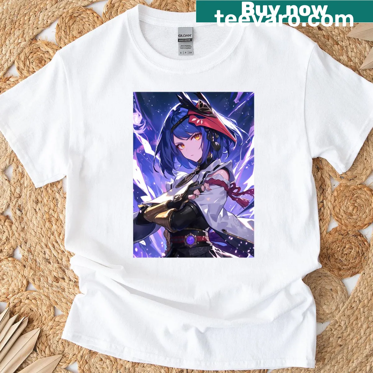 Graphic of Kujou Sara from Genshin Impact in confident pose — on a men's t-shirt