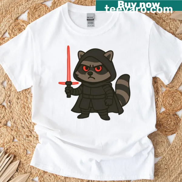 Cartoon raccoon dressed as Kylo Ren on a t-shirt