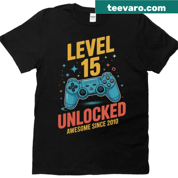 Gaming tee with 'Level 15 Unlocked' text for 15th birthday