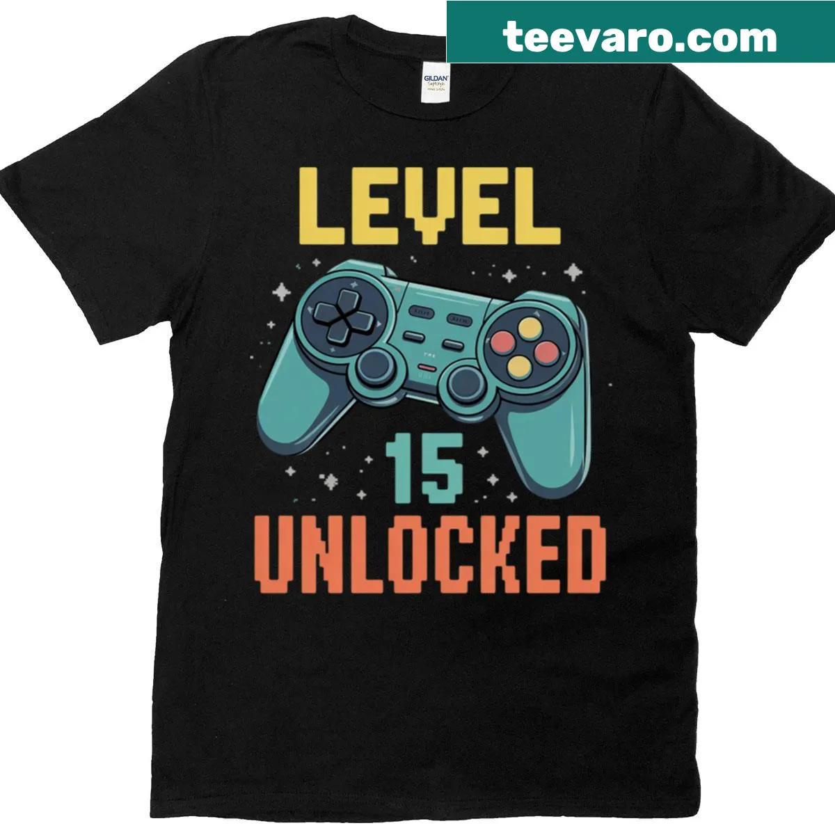 Fun birthday t-shirt design featuring gaming theme for 15-year-olds. — on a men's t-shirt
