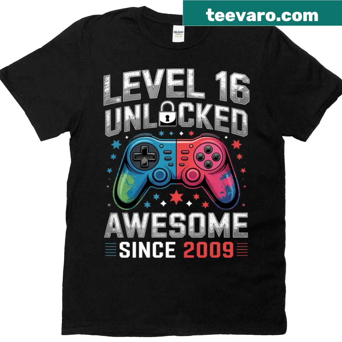 Level 16 Unlocked gaming t-shirt with bold typography for a birthday. — on a men's t-shirt