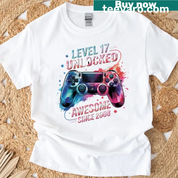 T-shirt featuring Level 17 Unlocked text for a gaming birthday