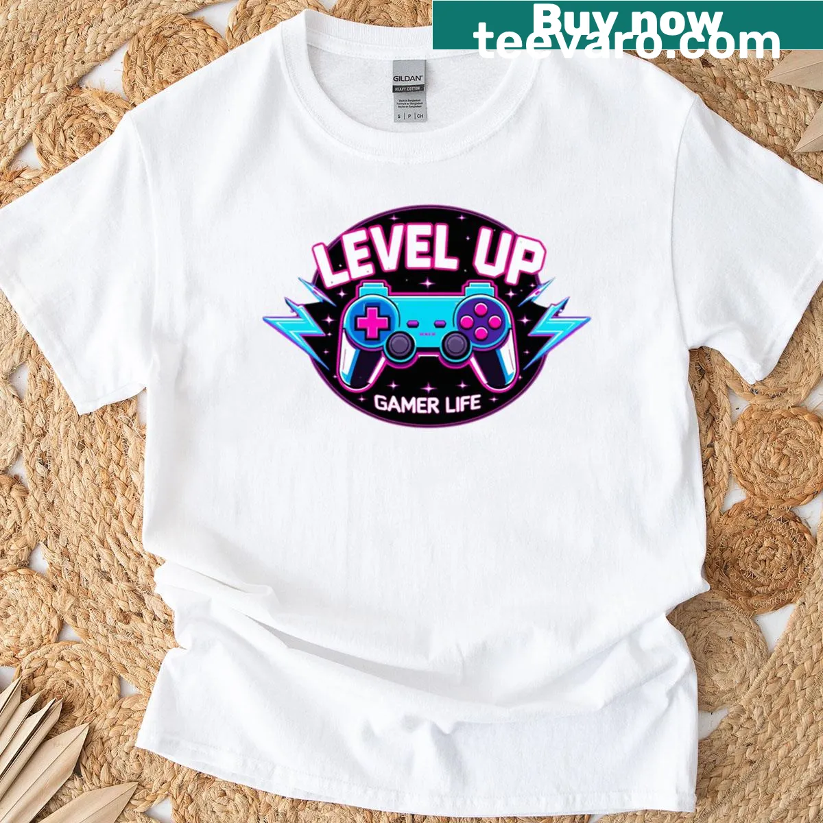 Retro gamer T-shirt with Level Up graphic — on a men's t-shirt