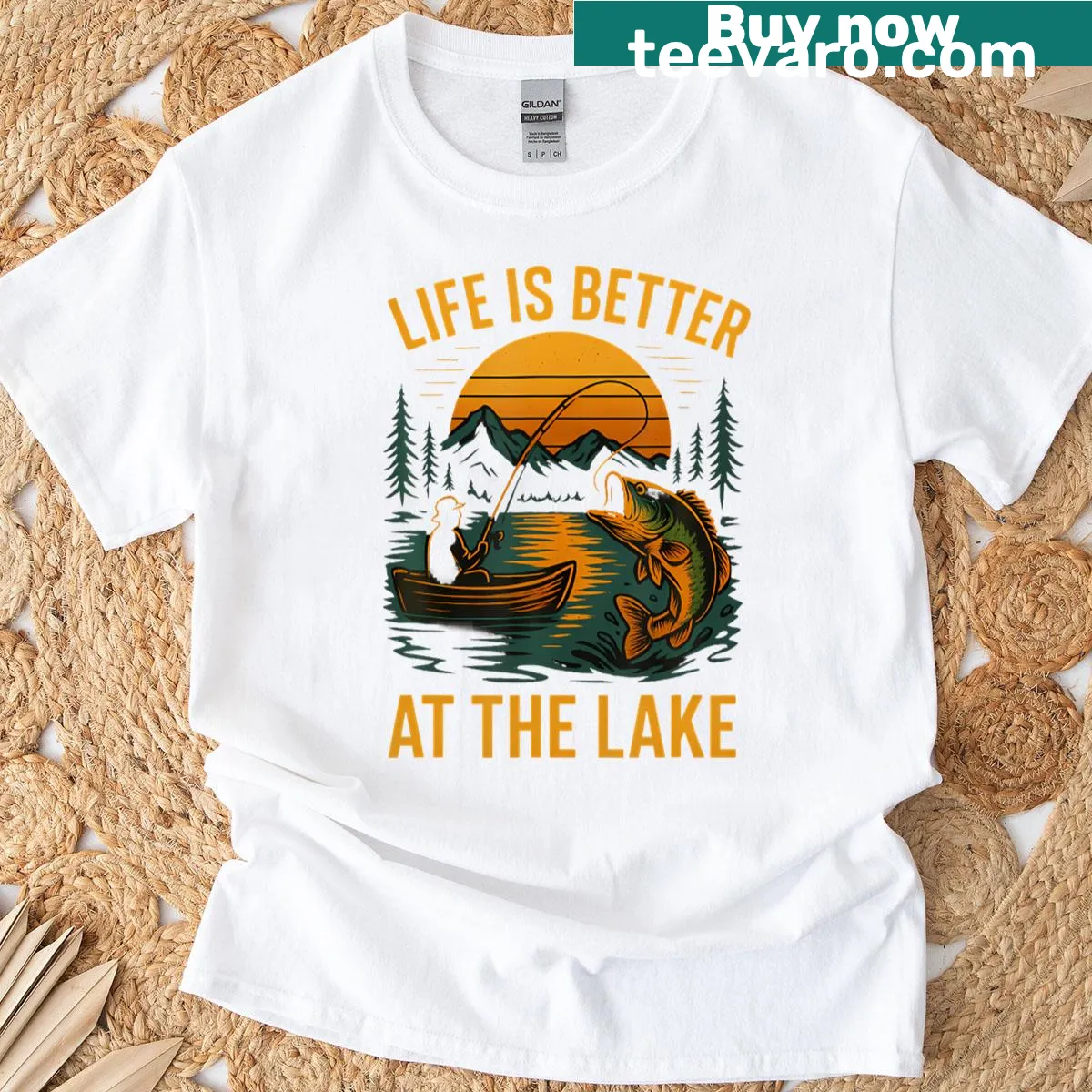T-shirt with text 'Life Is Better At The Lake' centered on chest — on a men's t-shirt