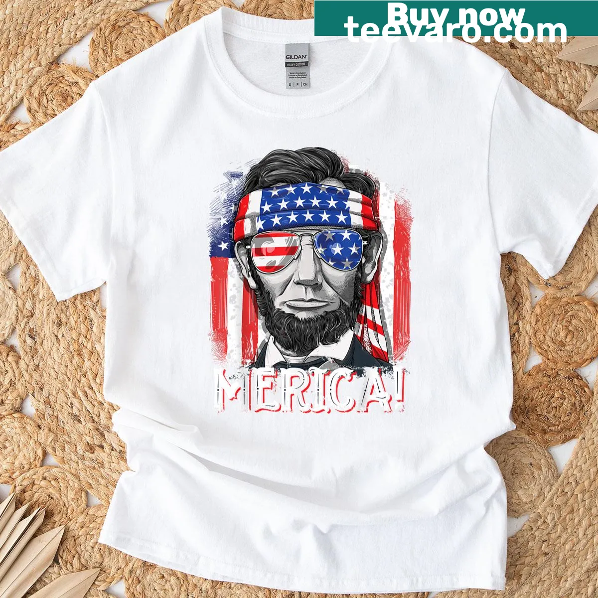 T-shirt with Abraham Lincoln and American flag graphic — on a men's t-shirt