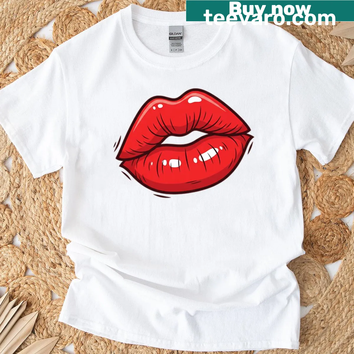 Bold graphic t-shirt featuring expressive lips in pop art style — on a men's t-shirt