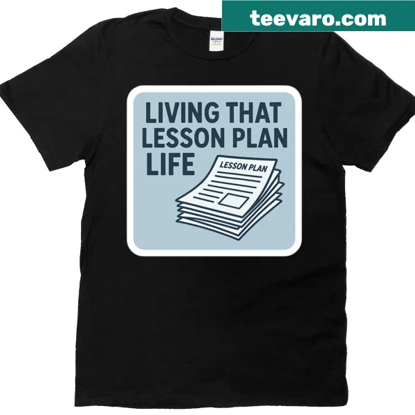 Illustrative teacher-themed graphic on a boxy t-shirt